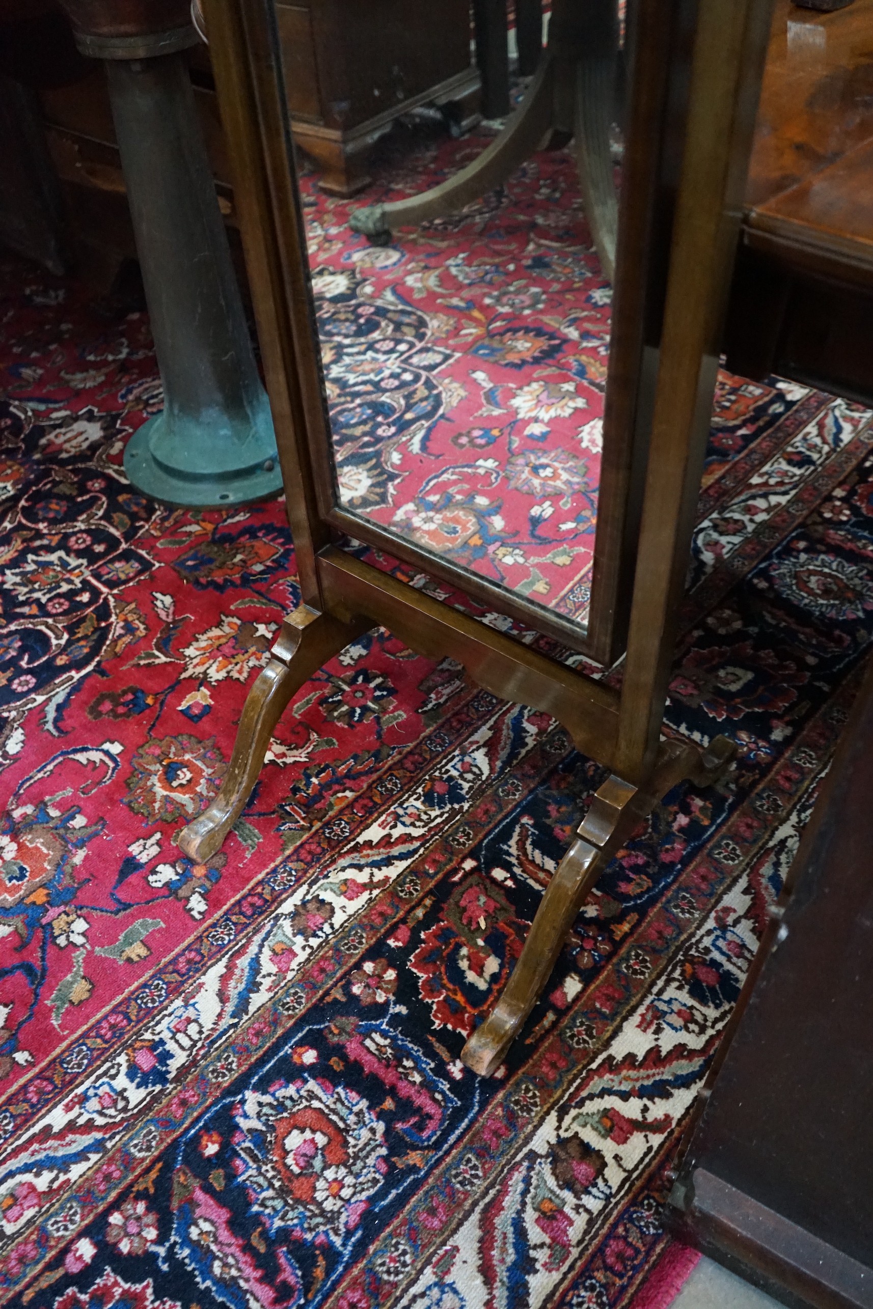 A Queen Anne revival walnut cheval mirror, width 46cm, height 159cm
